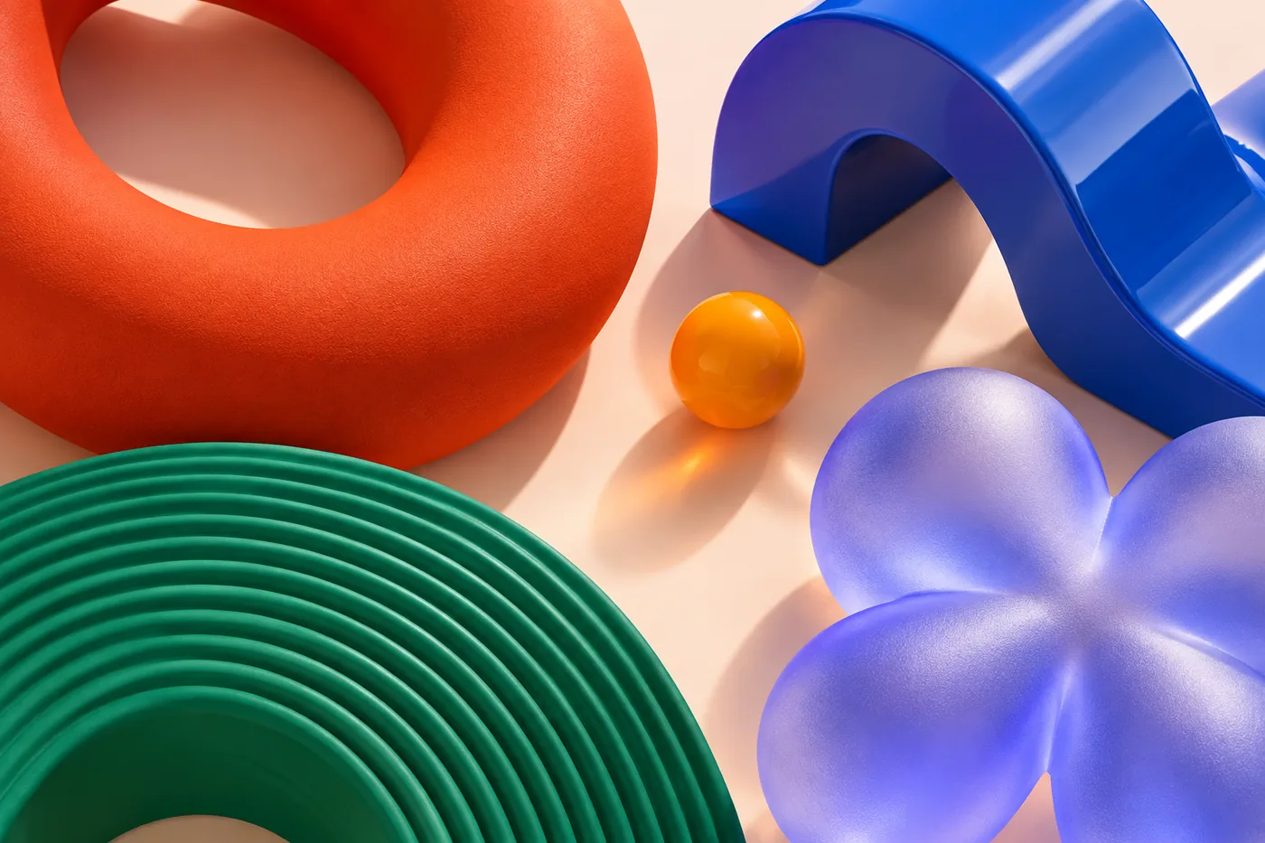 Expressive tactile shapes in vermilion, blue, emerald and periwinkle